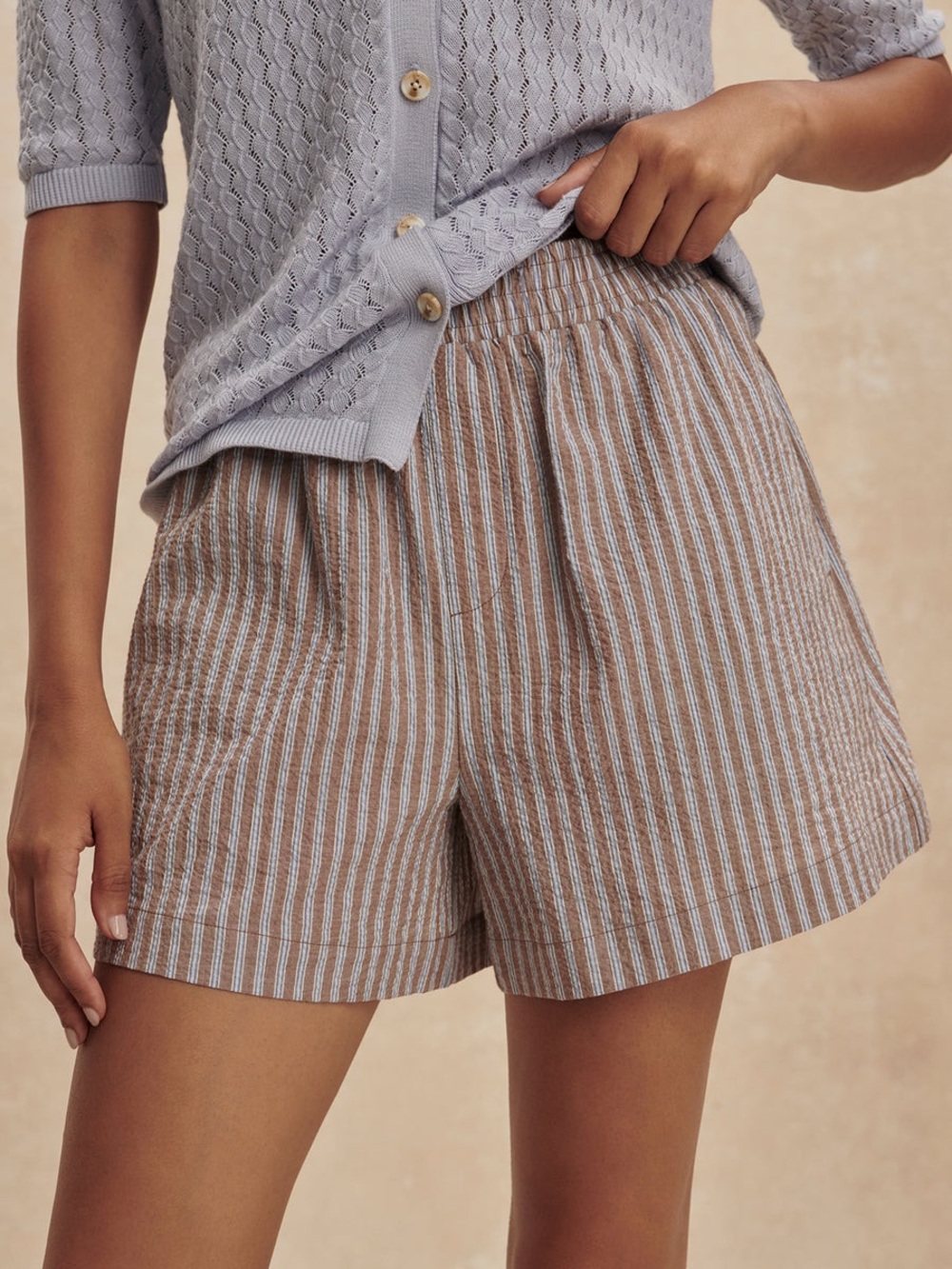 VARLEY Striped Darina High-Waist Short — Brown & Light Blue